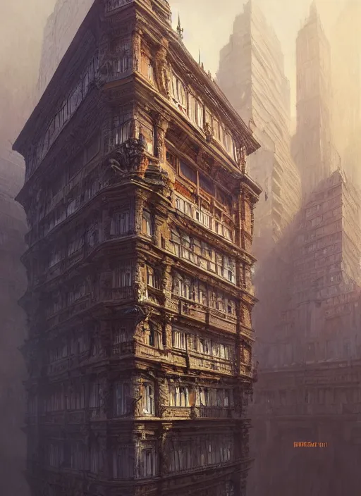 Image similar to a building with a very complicated architecture by peter kuczia, very detailed, intricate details, complimentary colors, perfect lighting, perfect composition, aesthetic, masterpiece, award winning, artstation, darek zabrocki, greg rutkowski, artgerm, 4 k