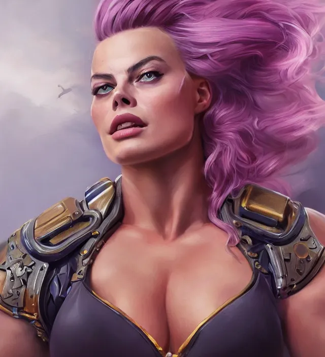 Image similar to detailed portrait of margot robbie as a thick female bodybuilder zarya from overwatch, attractive, beautiful, fantasy, intricate, elegant, highly detailed, digital painting, artstation, concept art, matte, sharp focus, illustration, art by aenaluck, artgerm and roberto ferri and greg rutkowski, epic fantasy, digital painting