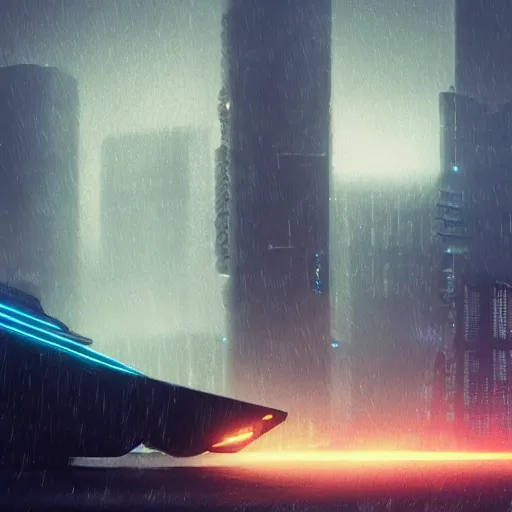 Image similar to rain, giant futuristic cyberpunk spacecraft with small character silhouette in the foreground, blade runner, dense fog, bloom, cinematic contrasted lighting, ultra detailed, trending on artstation