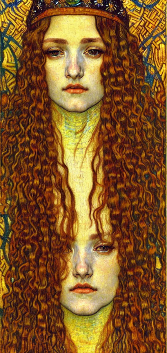 Image similar to detailed realistic beautiful young medieval queen face portrait by jean delville, gustav klimt and vincent van gogh, art nouveau, symbolist, visionary, gothic, pre - raphaelite, muted earthy colors, desaturated