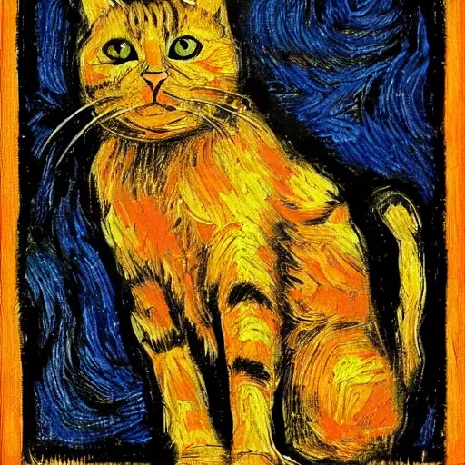 Image similar to a cat, in the style of van gogh and max ernst