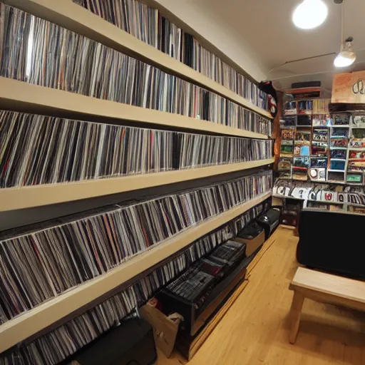 Prompt: cozy music shop, floor to ceiling shelves of vinyl LP records, large speakers and hifi equipment, interior, intimate, comfortable, anime style