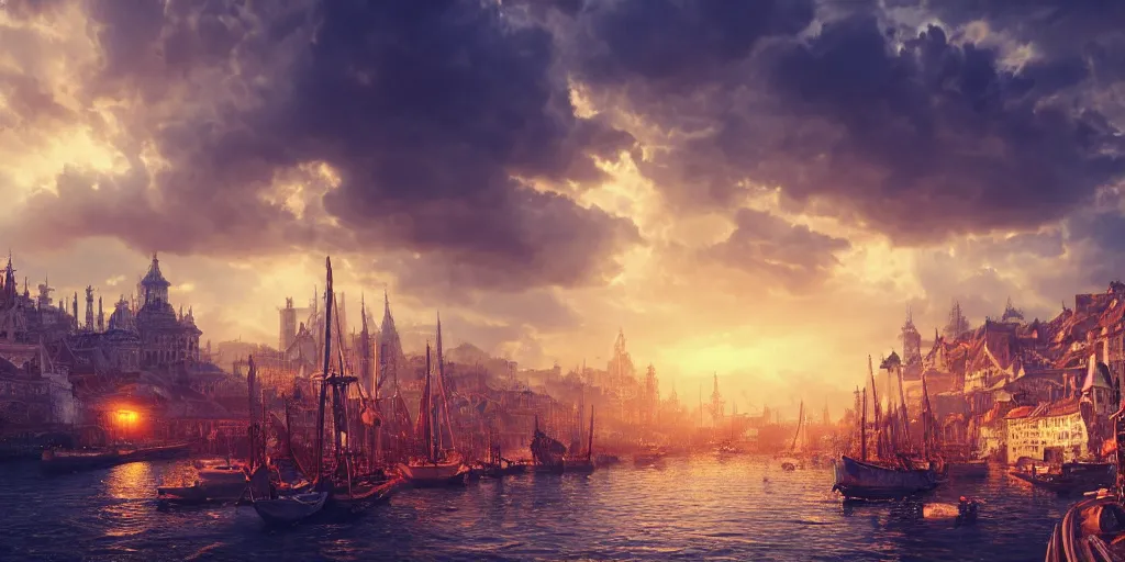 Prompt: beautiful seventeenth century harbour city, vivid colors, gorgeous clouds, god rays, digital art, landscape, fantasy art, octane render, ureal engine, high detail, very realistic, by ross tran