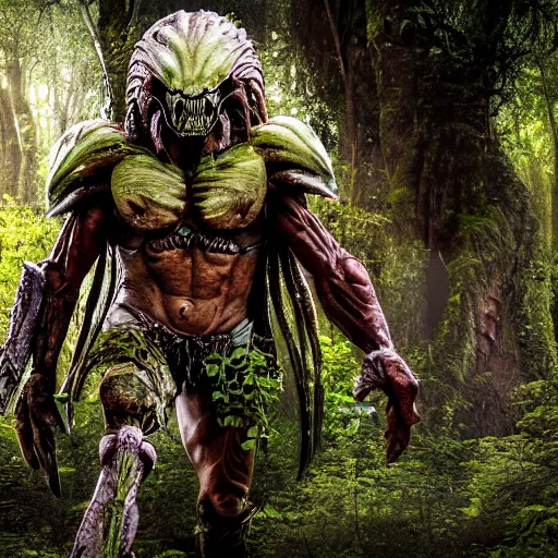 Image similar to High Fantasy Predator from the movie Predator in the forest plains of north yorkshire, 4k