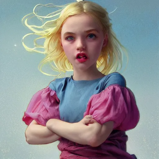 Image similar to a photorealistic dramatic fantasy render of adorable young girl, tounge out, blonde hair, blue eyes, in pink short mini skirt, by wlop, artgerm, greg rutkowski, alphonse mucha, beautiful dynamic dramatic sense of awe, lighting, shadows, cinematic atmosphere, artstation, concept design art, octane render, 8 k