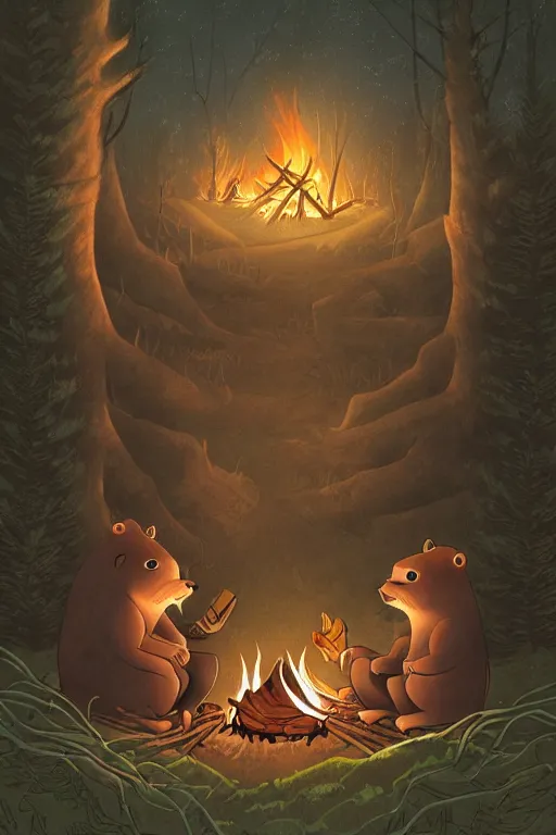 Image similar to an illustration of two evil beavers sitting next to a campfire in a dark forest at night, epid, digital drawing, beautiful, highly detailed, cinematic style, poster