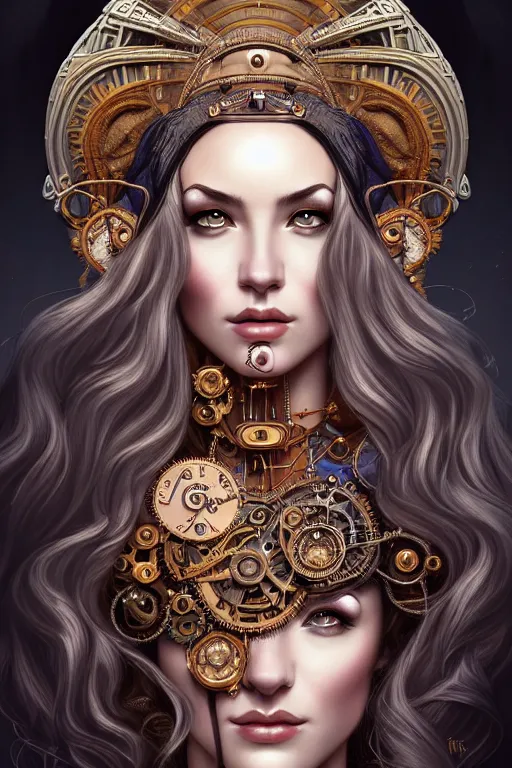 Prompt: portrait of the Goddess of Wisdom, elegant, intricate, steampunk, full frontal shot, highly detailed, digital painting, artstation, concept art, sharp focus, illustration, art by artgerm and H.R. Giger