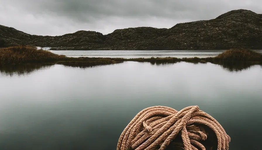 Prompt: wide shot of a bundle of rope on the surface of water, in the middle of a lake, overcast day, rocky foreground, 2 4 mm leica anamorphic lens, moody scene, stunning composition, hyper detailed, color kodak film stock