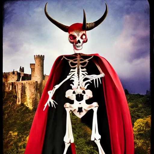 Prompt: by keith mallett, by aleksi briclot poloroid playful. a beautiful photograph of a horned, red - eyed, skeleton - like creature, with a long black cape, & a staff with a snake wrapped around it, standing in front of a castle atop a cliff.