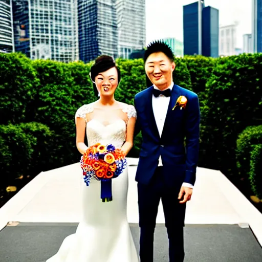 Image similar to cookie monster marrying justin sun, professional wedding photography