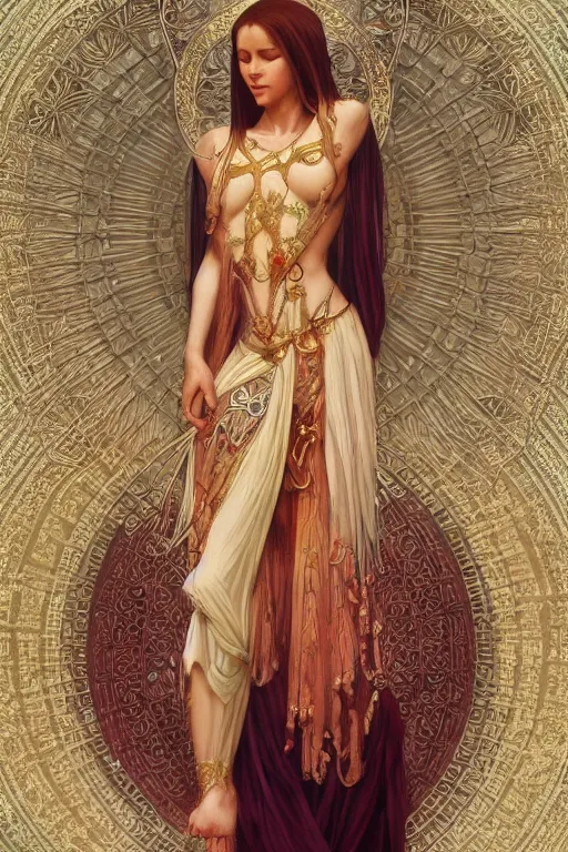 Image similar to a full body portrait of a beautiful ethereal delicate babylonian mage queen meditative sacral pose catholic stages of the cross, intricate, elegant, highly detailed, digital painting, artstation, concept art, smooth, sharp focus, illustration, art by krenz cushart and artem demura and alphonse mucha