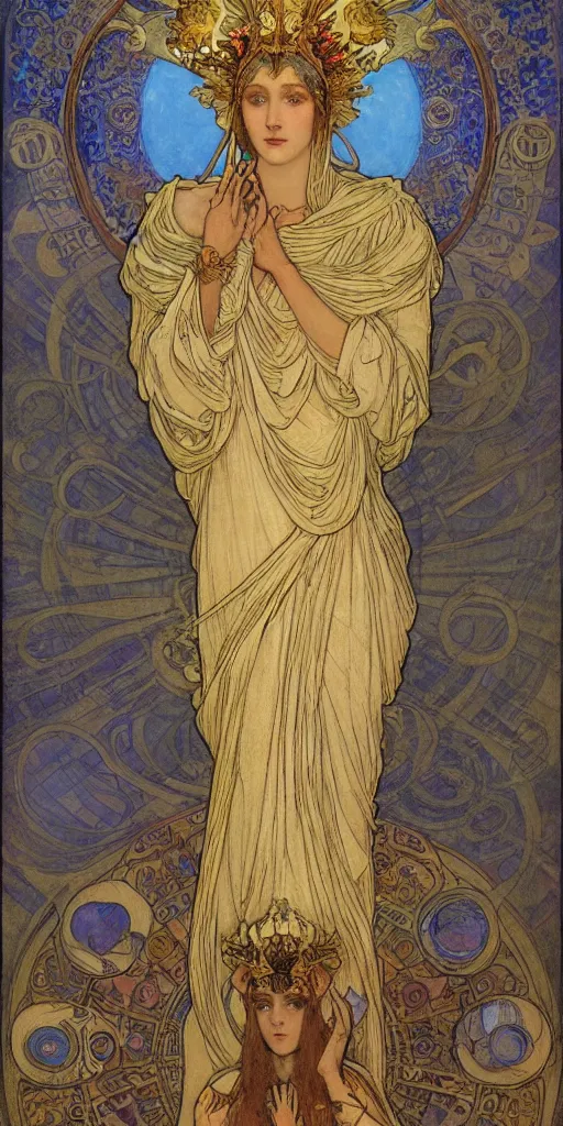 Image similar to saint woman, venus, athena, queen, by alphons mucha and annie swynnerton and nicholas roerich and jean delville, strong dramatic cinematic lighting, ornate headdress, flowing robes, spines, flowers, stars, lost civilizations, smooth, sharp focus, extremely detailed, blue marble, obsidian, gold, space