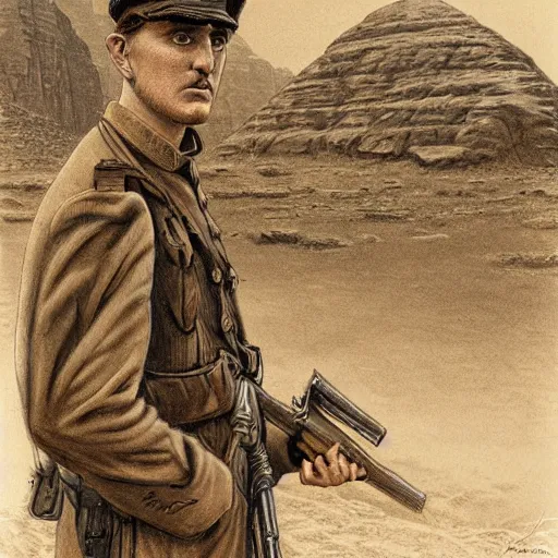 Image similar to a detailed photorealistic sepia - toned color line drawing of a 1 9 1 7 worried clean - shaven british lieutenant in detailed field gear not wearing a hat in wadi rum, ultra realistic, painted, intricate details, lovecraft, atmospheric, dark, horror, brooding, highly detailed, by clyde caldwell