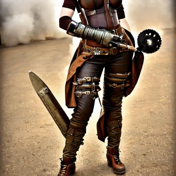 Image similar to full length photo of a very beautiful female dieselpunk warrior, 8 k, hdr, smooth, sharp focus, high resolution, award - winning photo