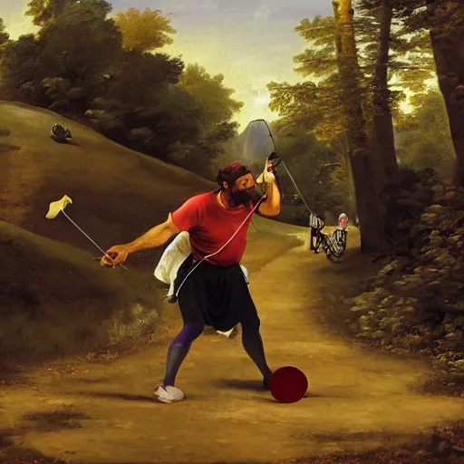 Prompt: a homeless man playing discgolf in the style of a baroque painting