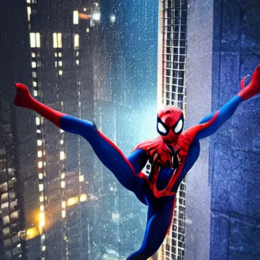 Image similar to black tech suit spider - man blue eyes hanging in tall tower at night rain ultra realistic high quality 8 k photo realistic highly detailed