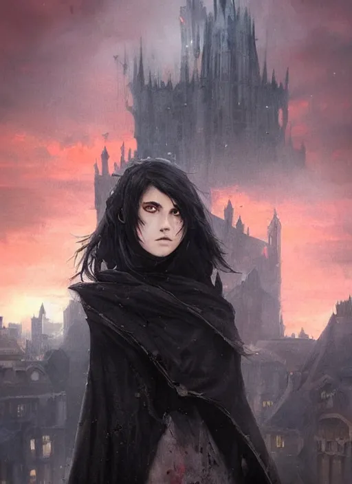 Prompt: a teenage girl with short dark hair and a tattered grey cloak. she stands on top of a building in a gothic fantasy city. the sky has a red glow and ash is falling. beautiful painting by artgerm and greg rutkowski