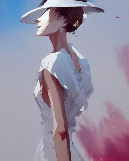 Image similar to a ultradetailed beautiful painting of a stylish woman wearing a white dress with a sun hat, by conrad roset, greg rutkowski and makoto shinkai trending on artstation