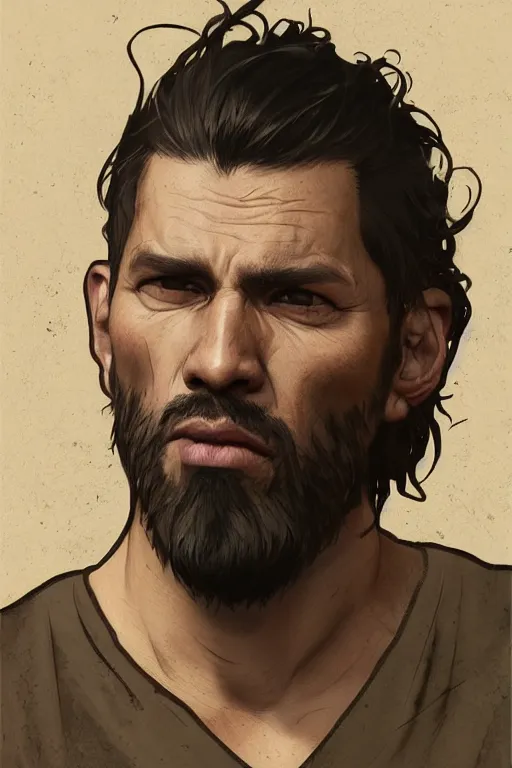 Image similar to very detailed portrait of a rugged man in his mid thirties, strong jaws, latino features, wearing a black t - shirt, earthy color scheme, by wlop and krenz cushart and artem demura and alphonse mucha and artgerm, historical fiction, detailed eyes, starry background, trending, on artstation.