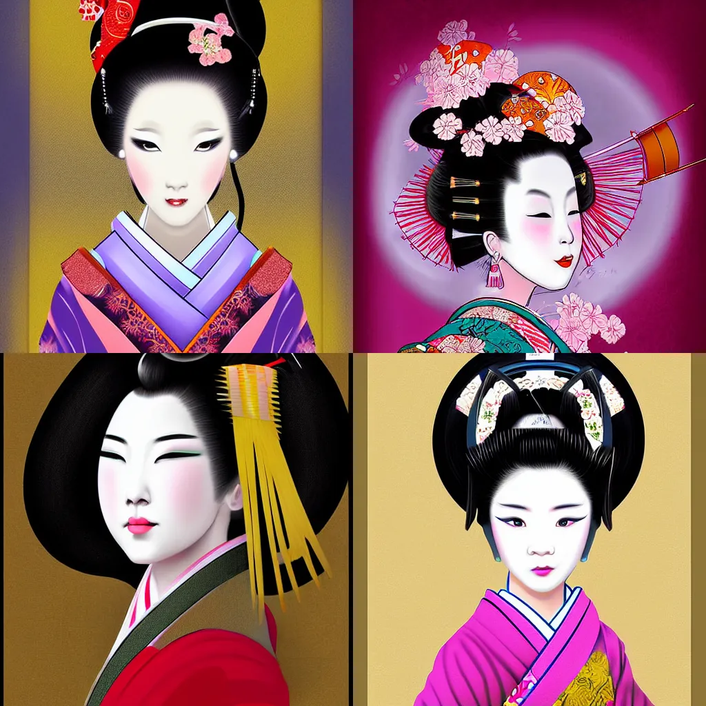 Prompt: digital painting of a beautiful geisha by hisashi tenmyouya