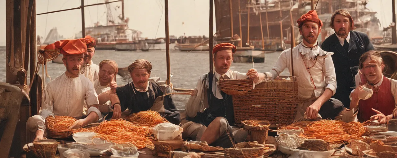 Image similar to dutch east india company trading spaghetti, open ocean, canon 5 0 mm, kodachrome, in the style of wes anderson, retro