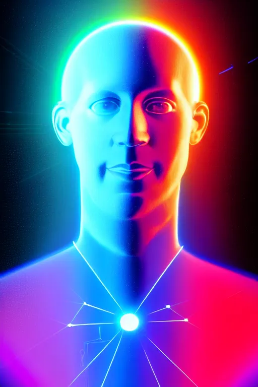 Prompt: portrait of the god of artificial intelligence as a hologram, in front of a rainbow of data, threads of light in the background, extremely high quality artwork, very detailed, obscured face, anthropomorphic silhouette, trending on artstation