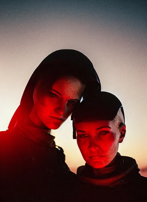 Prompt: cinestill 5 0 d photographic portrait of two loving female androids wearing rugged black techwear on a desolate plain with a red sky, extreme closeup, cyberpunk style, dust storm, 8 k, hd, high resolution, 3 5 mm, f / 3 2, ultra realistic faces, ex machina, by ashley gilbertson