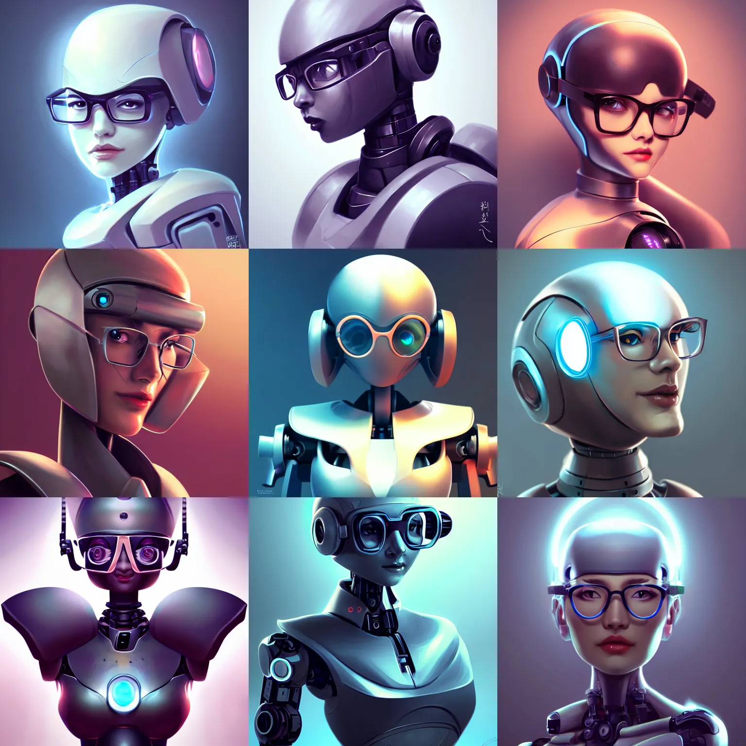 Prompt: cute robot with glasses, bust shot, smooth, intricate, elegant, power aura, digital painting, artstation, concept art, sharp focus, illustration, art by jason chan and riot studios,