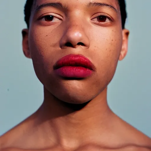 Prompt: realistic photoshooting for a new balenciaga lookbook, color film photography, portrait of a beautiful woman, model is showing her grillz, photo in style of tyler mitchell, 3 5 mm,