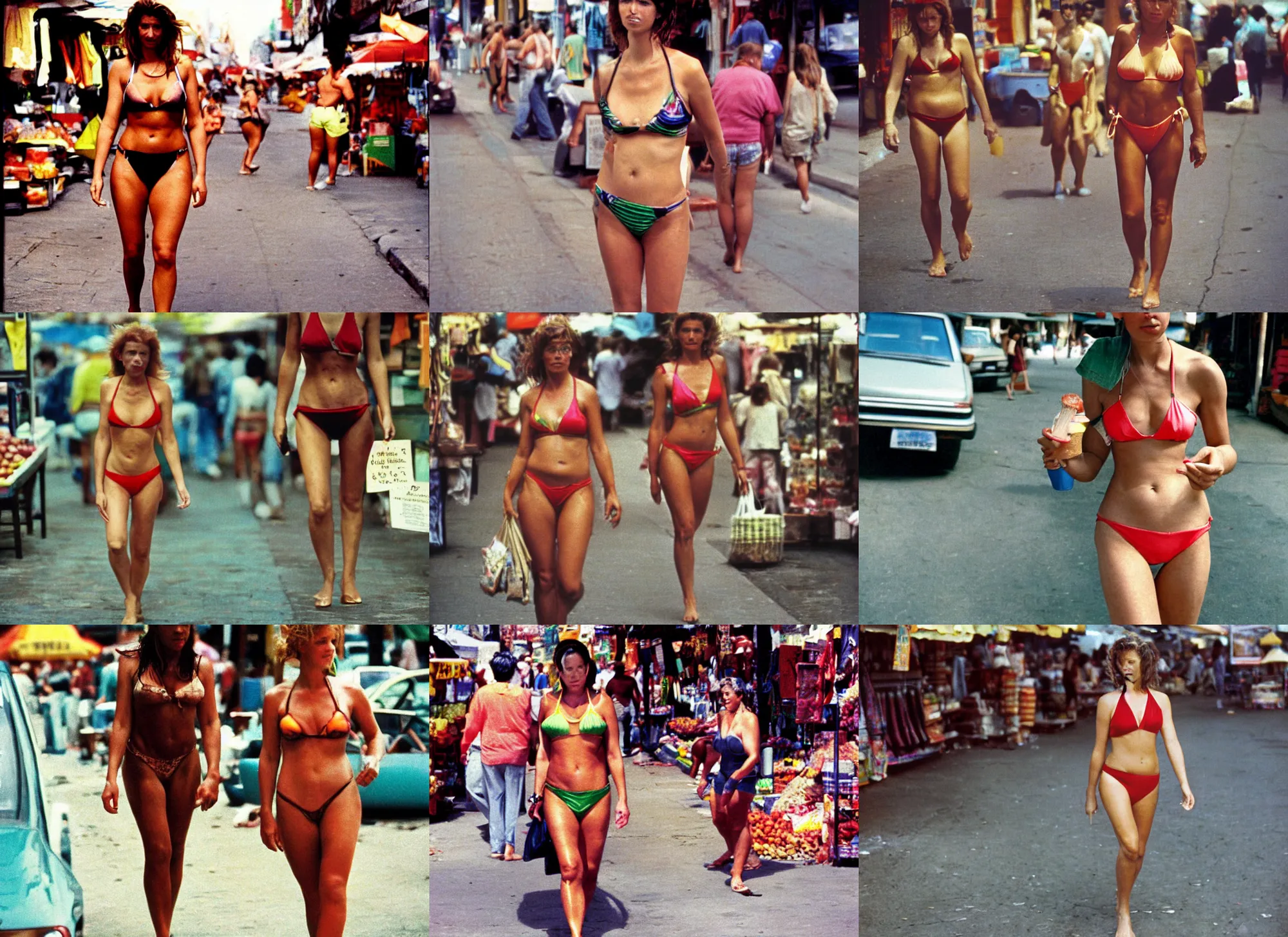 Prompt: color photography portrait of a woman in bikini walking in the market district, 1 9 9 0 s life magazine.