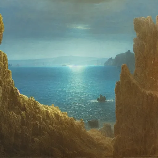 Prompt: a beautiful detailed landscape matte painting of blue ocean, by caspar david friedrich, trending on artstation