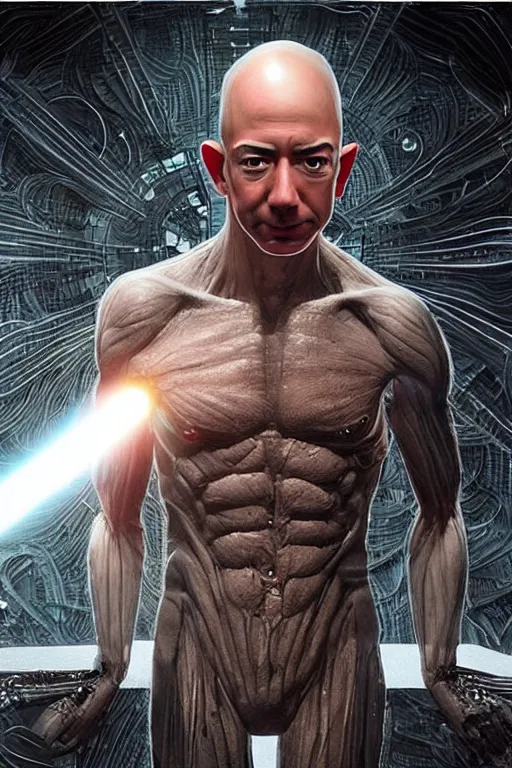 Image similar to jeff bezos as a filthy alien invader with a laser weapon, photorealistic, cinematic lighting, highly detailed, very intricate, by hr giger