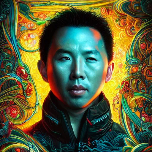 Image similar to portrait of donnie yen, hyper detailed masterpiece, neon floral pattern, jean giraud, digital art painting, darkwave goth aesthetic, psychedelic, artgerm, donato giancola and tom bagshaw