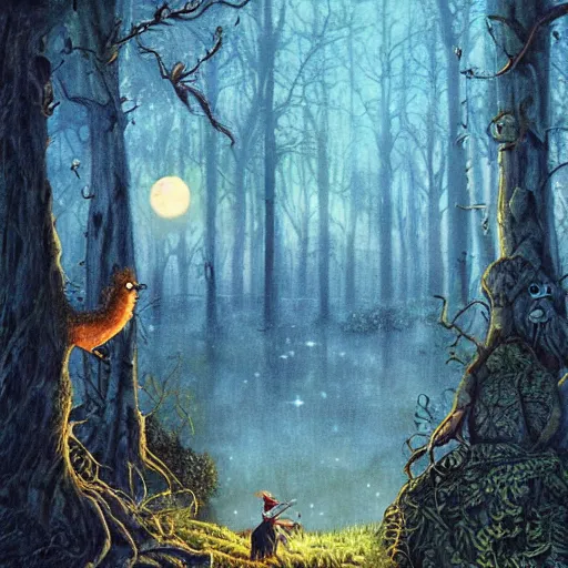 Prompt: Rincewind is panicking in the Forbidden Forrest, at night, full moon, blue tones, etailed, hyperrealistic, colorful, cinematic lighting, digital art by Paul Kidby