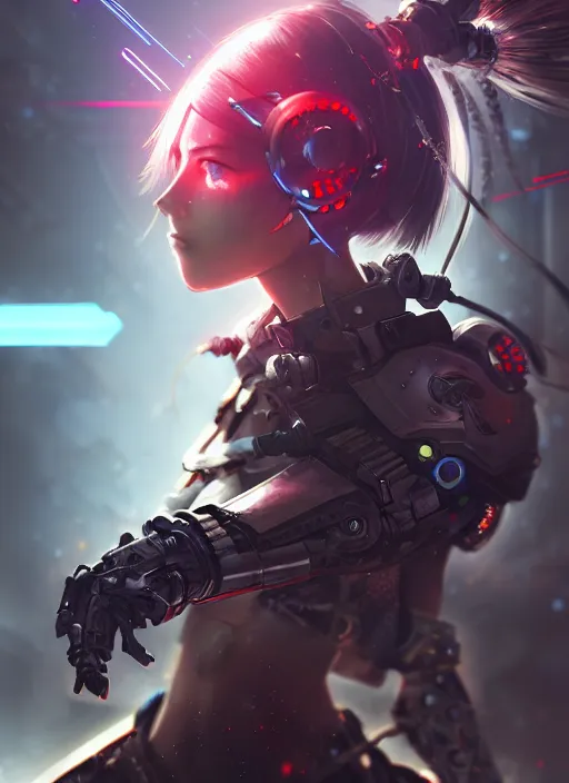 Image similar to cool cyberpunk cyborg samurai girl, battle pose, laser guns, extremely beautiful, detailed portrait, intricate light complexity, concept art by krenz cushart, kyoto animation, wlop. 4 k, beautiful, cinematic dramatic atmosphere, sharp focus, perfect lightning