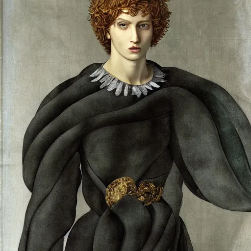 Prompt: a beautiful young male wearing alexander mcqueen, painted by michelangelo