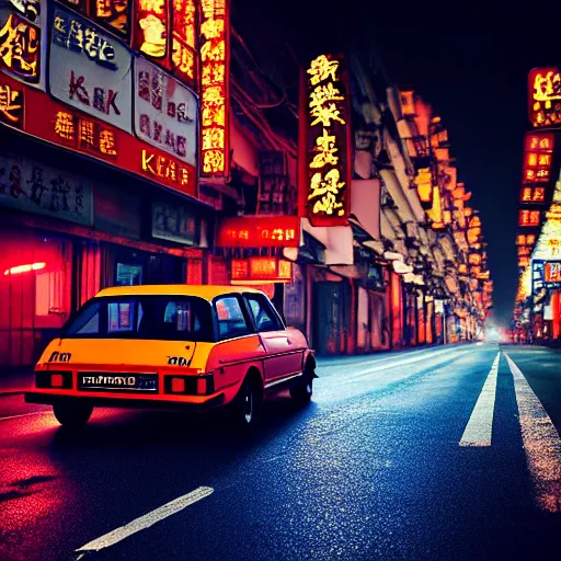 Image similar to a car vaz 2101 with blood vinyl in the middle of a road on the night Hong Kong china town, blue color grading, cinematic color grading , unreal 5, hyperrealistic, realistic, photorealistic, dynamic lighting, highly detailed, cinematic landscape, studio landscape, studio lighting