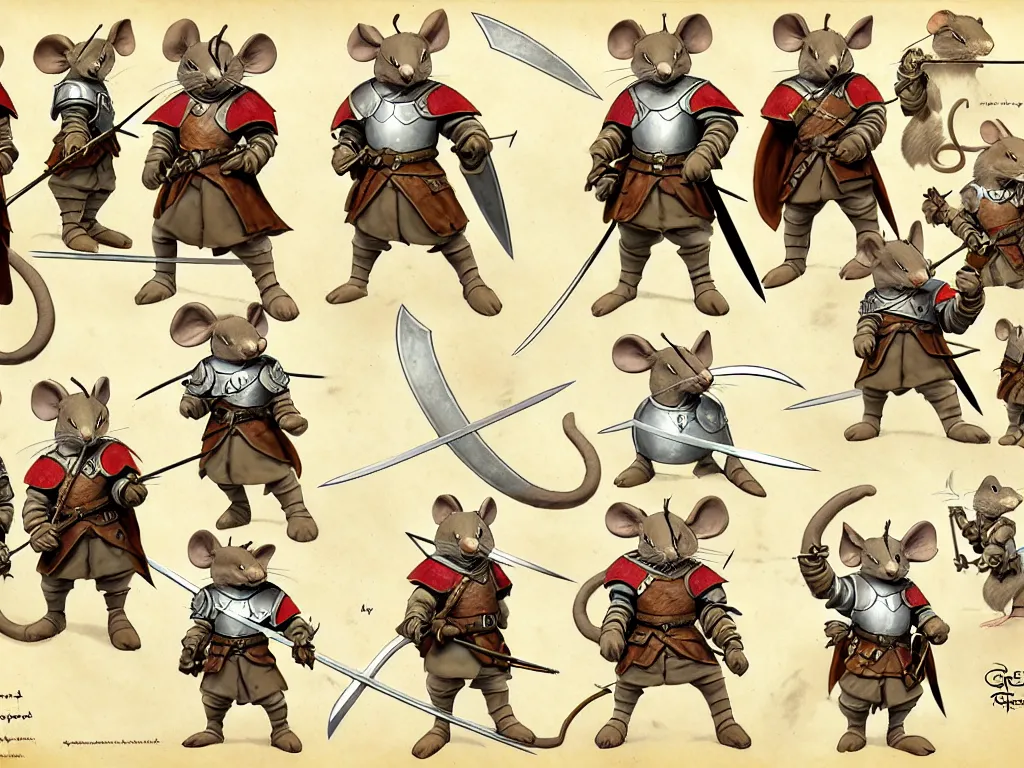 Image similar to character design sheet for a heroic mouse knight with sword and shield on a parchment background, redwall, greg rutowski and jean baptiste monge, very very detailed, epic fantasy concept art