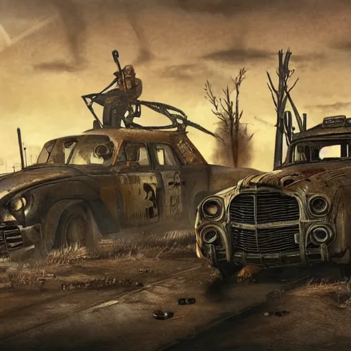 Prompt: fallout 4 wasteland, mad max fury road style painting