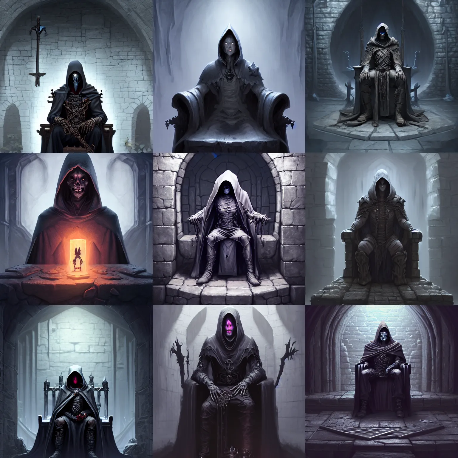 Prompt: necromancer sitting on a throne inside dungeon crypt, wearing a dark hood and completely blank mask, gray stone wall behind him by Stanley Artgerm Lau, WLOP, Rossdraws, James Jean, Andrei Riabovitchev, Marc Simonetti, and Sakimichan, Unreal Engine, 4k, trending on Artstation