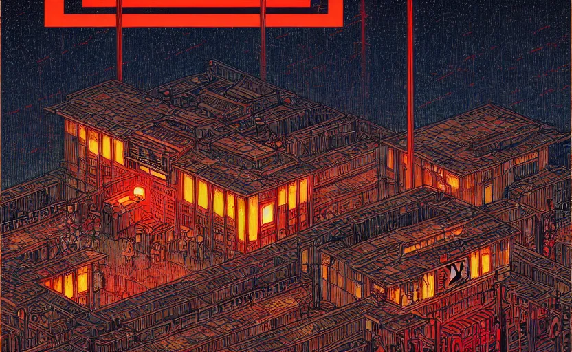 Image similar to artwork of a chinese prison by dan mumford and toshi yoshida and peter doig, vintage scifi, highly detailed, dramatic lighting, 8 k