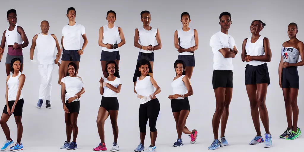 Image similar to Studio Photograph of starting line of many diverse marathon runners. multiple skintones. Frontal. Shot on 30mm Lens. Advertising Campaign. Wide shot. Fashion Studio lighting. White background.