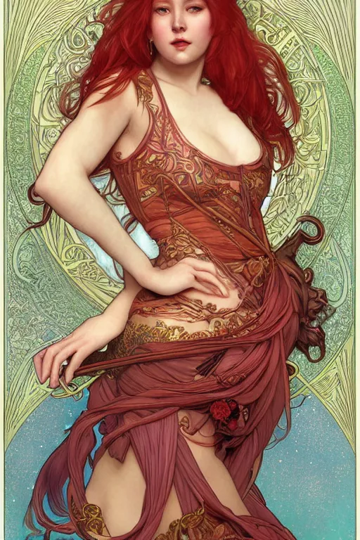 Image similar to a full body tarot card of the red haired thick empress of eternity, space, universe, portrait, highly detailed, deep focus, elegant, digital painting, smooth, sharp focus, illustration, ultra realistic, 8 k, art by artgerm and alphonse mucha