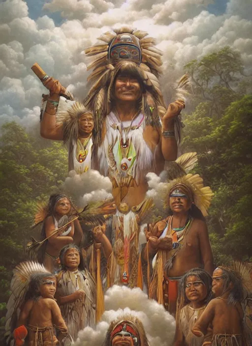 Image similar to faces of indigenous amazonian grandfathers and grandmothers spirits in the clouds, smiling, protection, benevolence, ancestors, detailed faces, art by christophe vacher