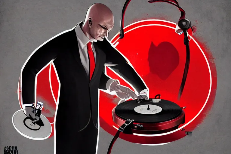 Image similar to a portrait of agent 4 7 from hitman wearing headphones and putting a vinyl record onto a turntable, dark background, red rim light, digital art, artstation, concept art by giger stalenhag