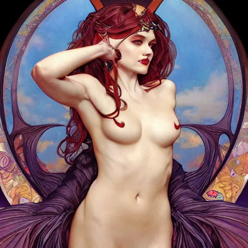 Prompt: Morrigan from Darkstalkers drawn by Donato Giancola and Tom Bagshaw, face by Artgerm, overall design by Alphonse Mucha, background by James Jean and Gustav Klimt, light by Julie Bell, 4k, porcelain skin, komorebi, french nouveau, trending on artstation, octane render, hyperrealistic