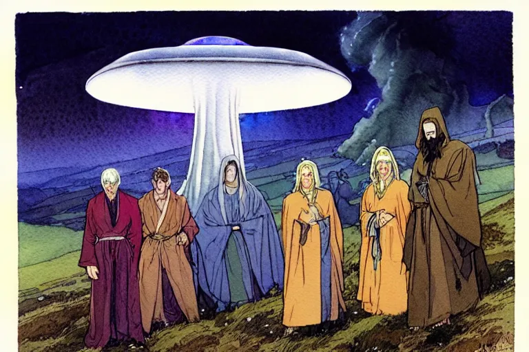 Image similar to a realistic and atmospheric watercolour fantasy character concept art portrait of a group of christians wearing robes and emerging from the mist on the moors of ireland at night. a ufo is in the background. by rebecca guay, michael kaluta, charles vess and jean moebius giraud