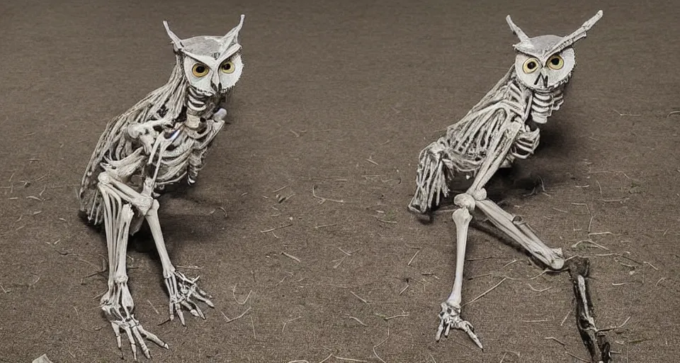 Prompt: full body picture of skeletal owl, emaciated, dirty, damaged, injured, by sarah stone and wayne reynolds