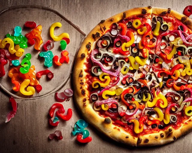 Image similar to pizza with gummy bears and gummy snakes and other candues as toppings, professional food photography, tasty