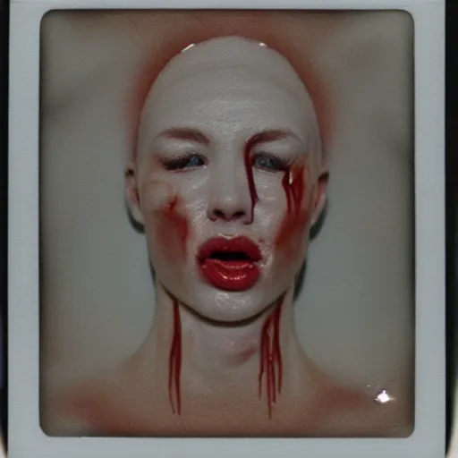 Image similar to a liquid white clay porcelain portrait of a face melt down flow go runny, body painted with a lot of white thick fluid, realistic detailed watercolor polaroid, grainy image, contrast